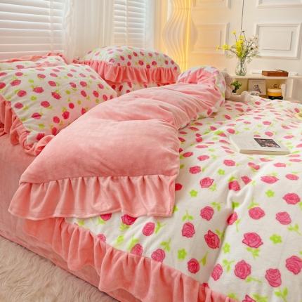 91家纺网 家纺一手货源 找家纺 （总）花伞2022新款韩版花边高克重牛奶绒小清新四件套