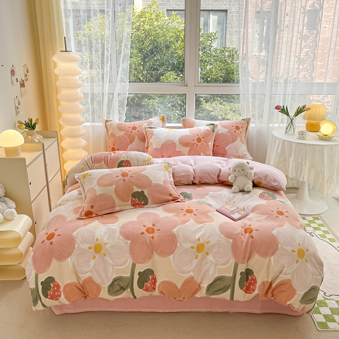 91家纺网 家纺一手货源 找家纺 2022新款爆款慕尚高克重田园风印花牛奶绒四件套 花蕾