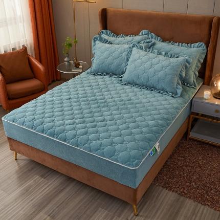 宜凡2022新款牛奶绒纯色夹棉床笠 海盐蓝