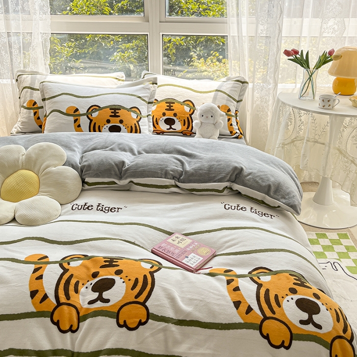 91家纺网 家纺一手货源 找家纺 2022新款爆款慕尚高克重田园风印花牛奶绒四件套 老虎