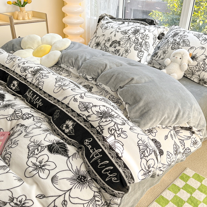 91家纺网 家纺一手货源 找家纺 2022新款爆款慕尚高克重田园风印花牛奶绒四件套 丽莎