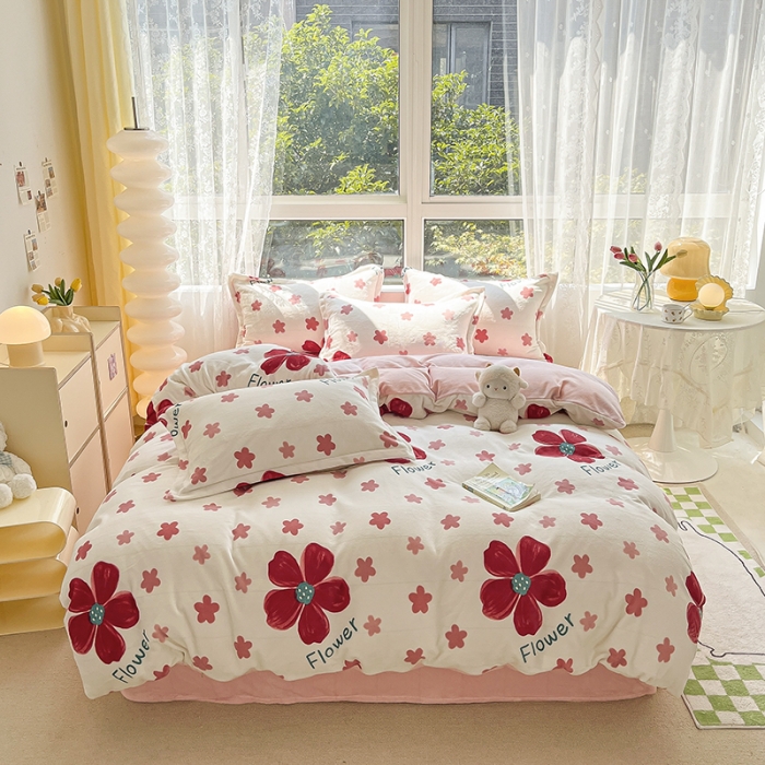 91家纺网 家纺一手货源 找家纺 2022新款爆款慕尚高克重田园风印花牛奶绒四件套 牵牛花