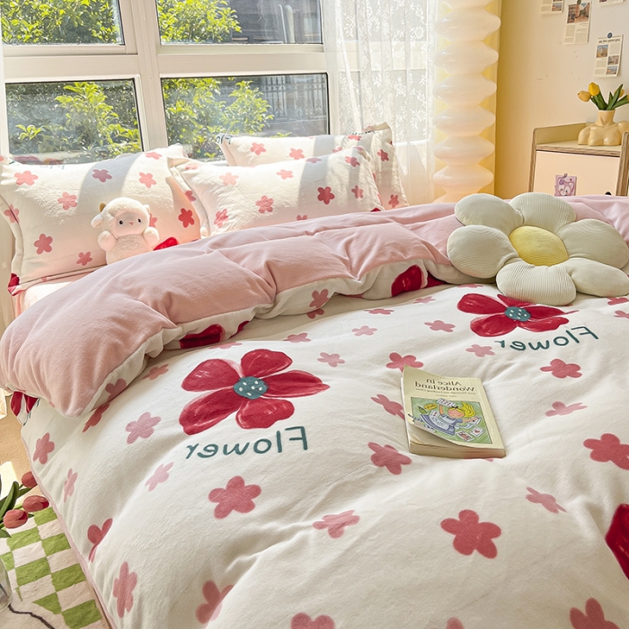 91家纺网 家纺一手货源 找家纺 2022新款爆款慕尚高克重田园风印花牛奶绒四件套 牵牛花