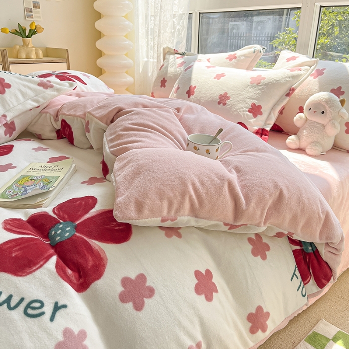 91家纺网 家纺一手货源 找家纺 2022新款爆款慕尚高克重田园风印花牛奶绒四件套 牵牛花