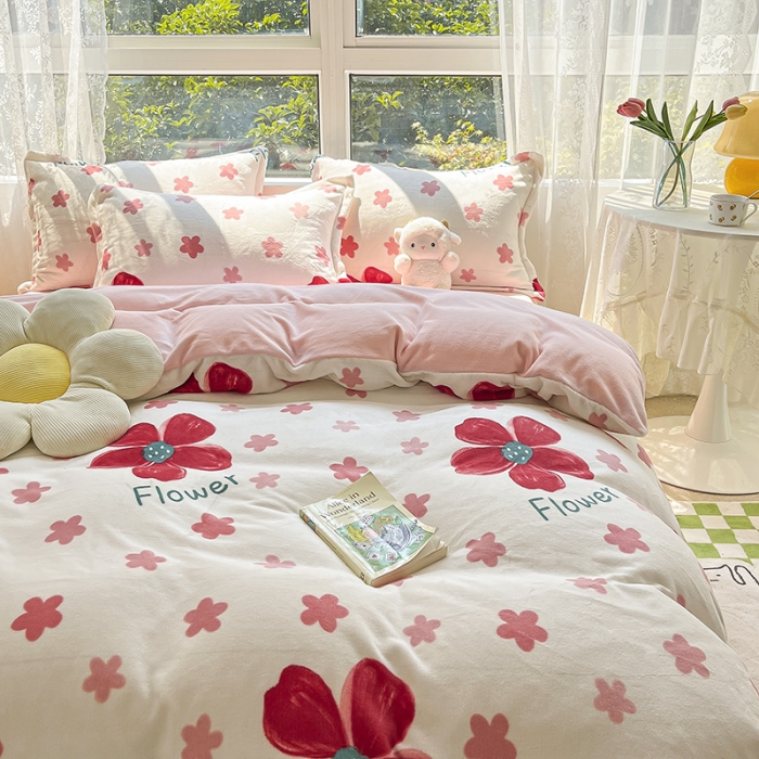 91家纺网 家纺一手货源 找家纺 2022新款爆款慕尚高克重田园风印花牛奶绒四件套 牵牛花