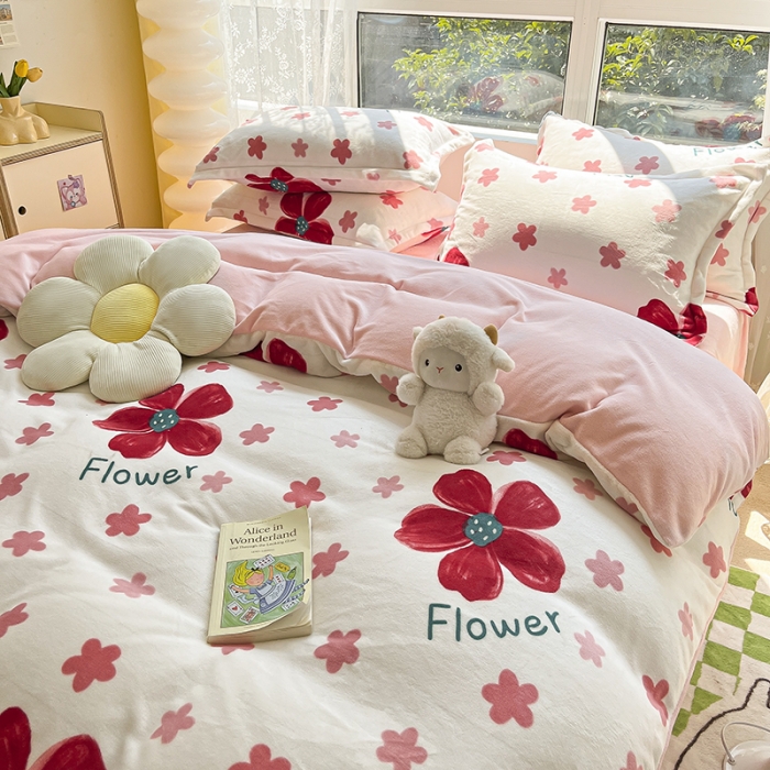 91家纺网 家纺一手货源 找家纺 2022新款爆款慕尚高克重田园风印花牛奶绒四件套 牵牛花