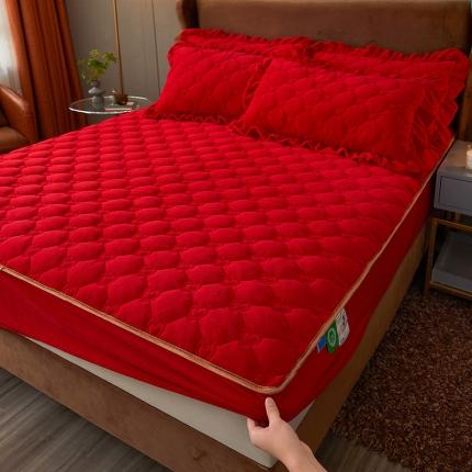 宜凡2022新款牛奶绒纯色夹棉床笠 嫣红