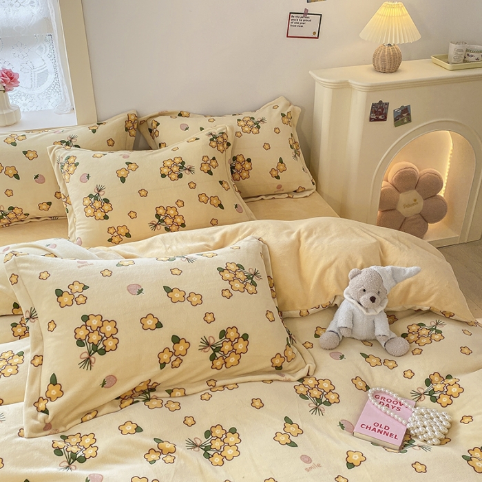 91家纺网 家纺一手货源 找家纺 沐慕  2022新款牛奶绒四件套 花儿朵朵