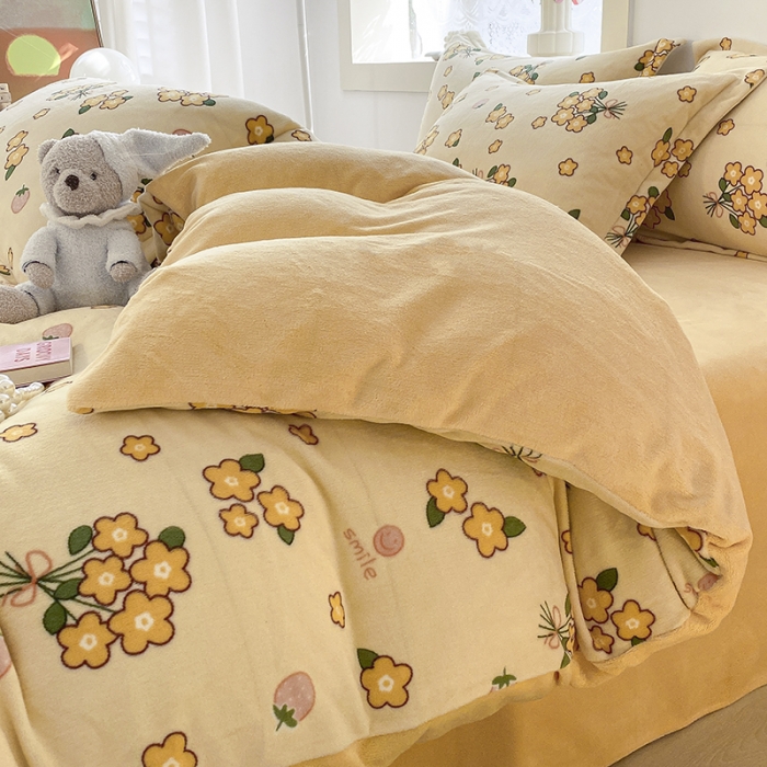 91家纺网 家纺一手货源 找家纺 沐慕  2022新款牛奶绒四件套 花儿朵朵