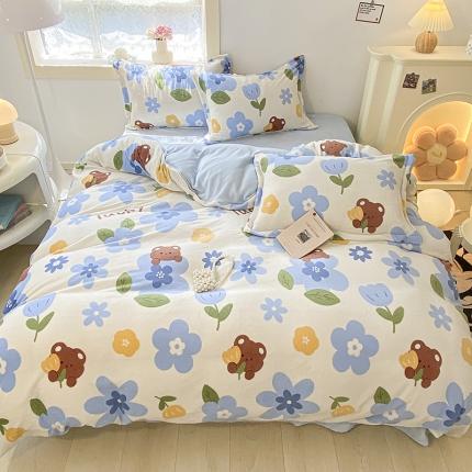 沐慕  2022新款牛奶绒四件套 蓝花小熊