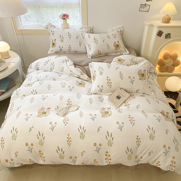 91家纺网 家纺一手货源 找家纺 沐慕  2022新款牛奶绒四件套 田园松鼠