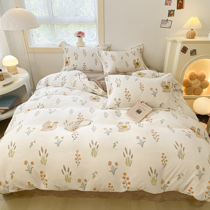 91家纺网 家纺一手货源 找家纺 沐慕  2022新款牛奶绒四件套 田园松鼠