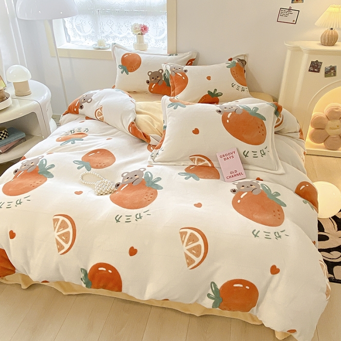 91家纺网 家纺一手货源 找家纺 沐慕  2022新款牛奶绒四件套 甜橙小熊