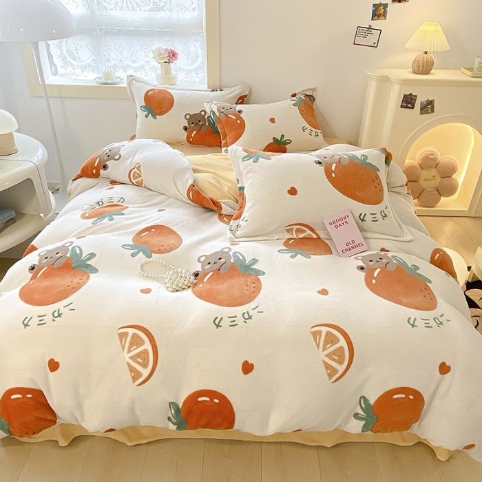 91家纺网 家纺一手货源 找家纺 沐慕  2022新款牛奶绒四件套 甜橙小熊