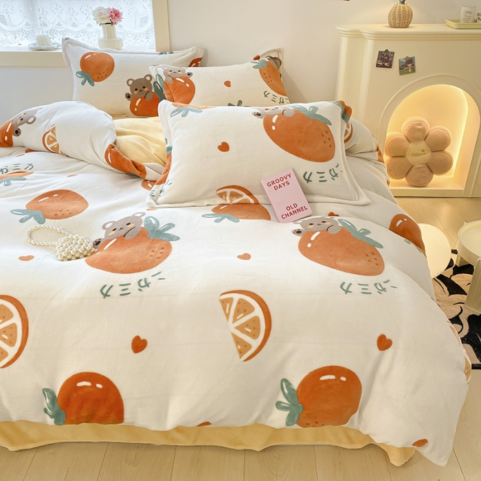 91家纺网 家纺一手货源 找家纺 沐慕  2022新款牛奶绒四件套 甜橙小熊