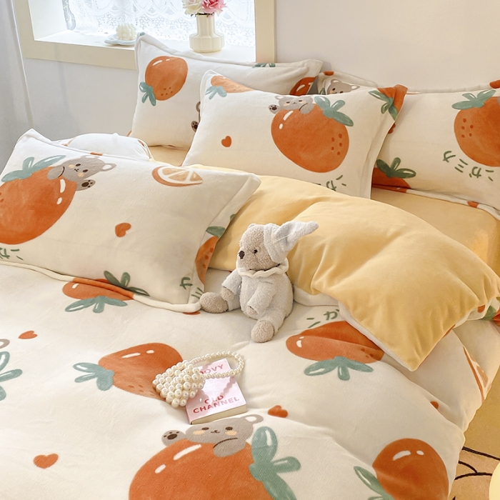 91家纺网 家纺一手货源 找家纺 沐慕  2022新款牛奶绒四件套 甜橙小熊