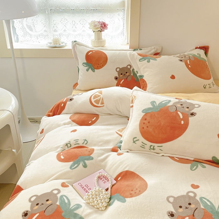 91家纺网 家纺一手货源 找家纺 沐慕  2022新款牛奶绒四件套 甜橙小熊