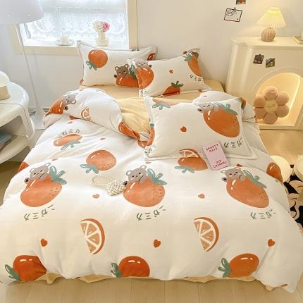 沐慕  2022新款牛奶绒四件套 甜橙小熊