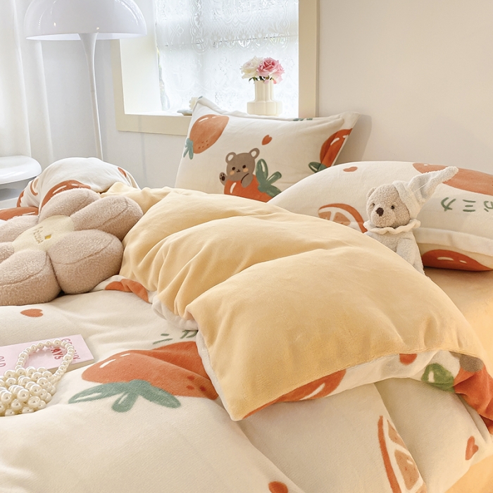 91家纺网 家纺一手货源 找家纺 沐慕  2022新款牛奶绒四件套 甜橙小熊