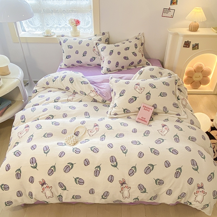 91家纺网 家纺一手货源 找家纺 沐慕  2022新款牛奶绒四件套 紫系小兔