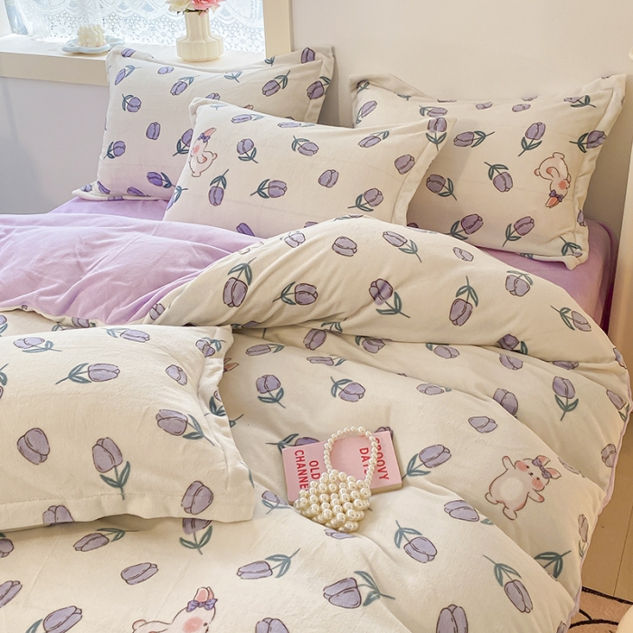 91家纺网 家纺一手货源 找家纺 沐慕  2022新款牛奶绒四件套 紫系小兔