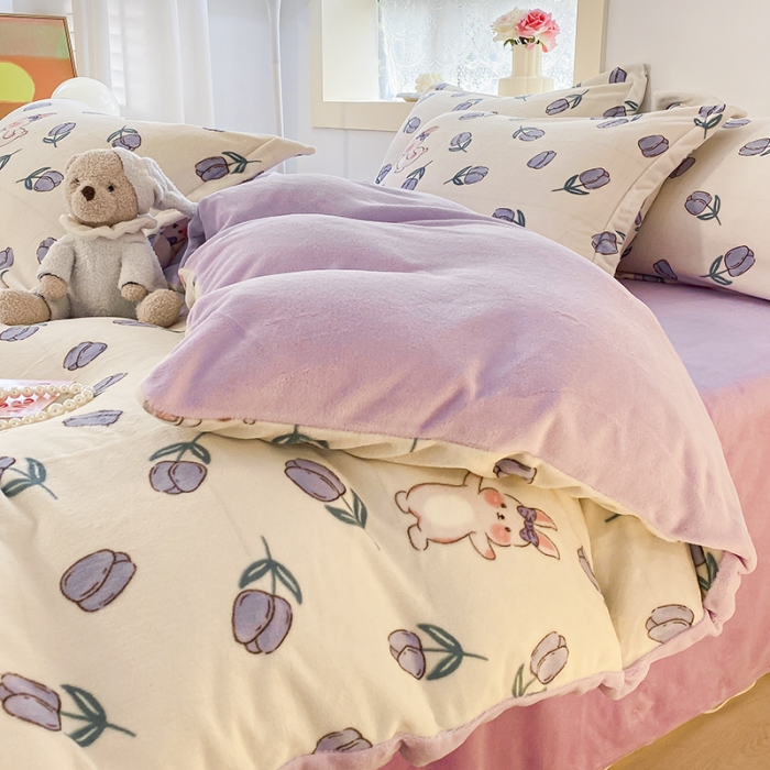 91家纺网 家纺一手货源 找家纺 沐慕  2022新款牛奶绒四件套 紫系小兔