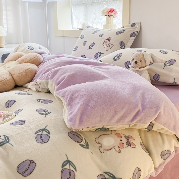 91家纺网 家纺一手货源 找家纺 沐慕  2022新款牛奶绒四件套 紫系小兔