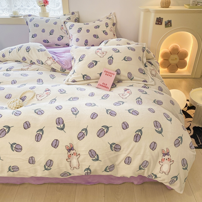 91家纺网 家纺一手货源 找家纺 沐慕  2022新款牛奶绒四件套 紫系小兔