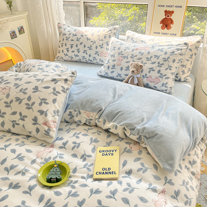91家纺网 家纺一手货源 找家纺 桃子家居 2022新款ins小清新韩系加厚牛奶绒系列四件套 绒-萌萌兔1