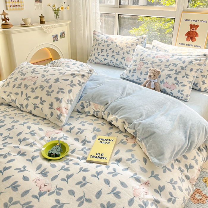 91家纺网 家纺一手货源 找家纺 桃子家居 2022新款ins小清新韩系加厚牛奶绒系列四件套 绒-萌萌兔1