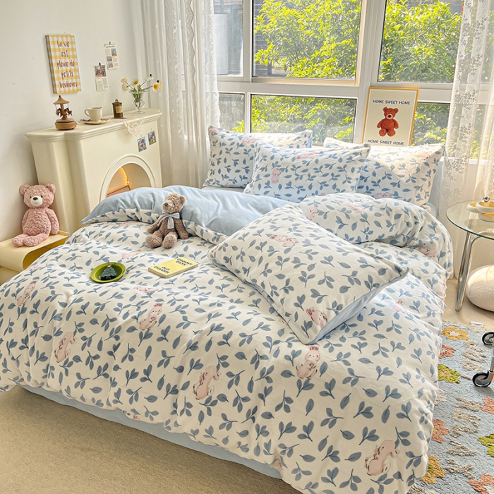 91家纺网 家纺一手货源 找家纺 桃子家居 2022新款ins小清新韩系加厚牛奶绒系列四件套 绒-萌萌兔1