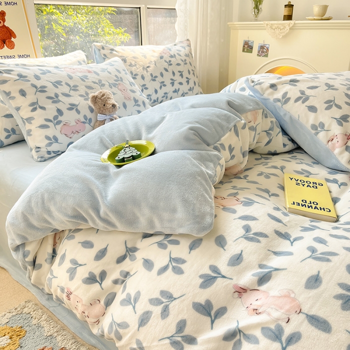 91家纺网 家纺一手货源 找家纺 桃子家居 2022新款ins小清新韩系加厚牛奶绒系列四件套 绒-萌萌兔1