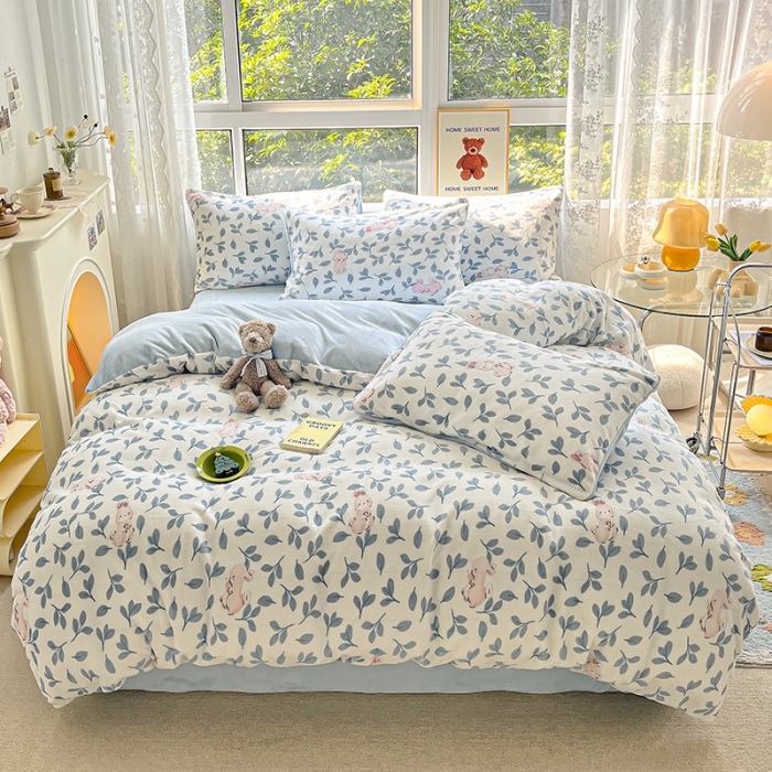 91家纺网 家纺一手货源 找家纺 桃子家居 2022新款ins小清新韩系加厚牛奶绒系列四件套 绒-萌萌兔1