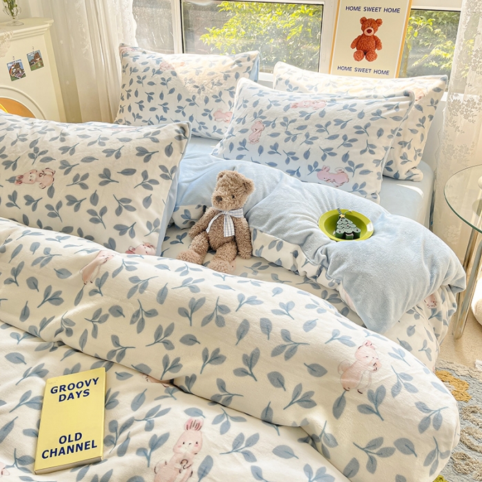 91家纺网 家纺一手货源 找家纺 桃子家居 2022新款ins小清新韩系加厚牛奶绒系列四件套 绒-萌萌兔1