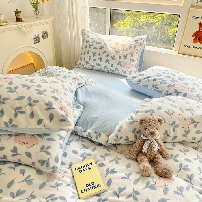 91家纺网 家纺一手货源 找家纺 桃子家居 2022新款ins小清新韩系加厚牛奶绒系列四件套 绒-萌萌兔1