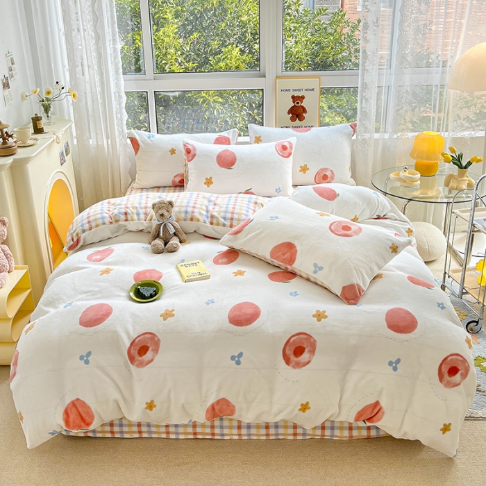 91家纺网 家纺一手货源 找家纺 桃子家居 2022新款ins小清新韩系加厚牛奶绒系列四件套 绒-蜜桃朵朵1