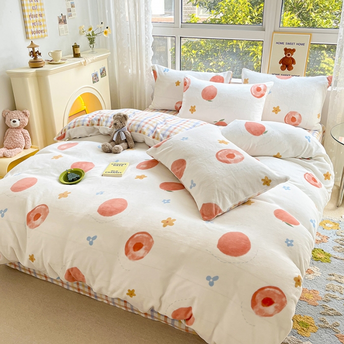 91家纺网 家纺一手货源 找家纺 桃子家居 2022新款ins小清新韩系加厚牛奶绒系列四件套 绒-蜜桃朵朵1