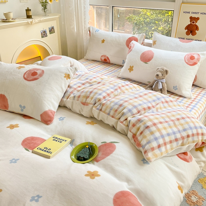 91家纺网 家纺一手货源 找家纺 桃子家居 2022新款ins小清新韩系加厚牛奶绒系列四件套 绒-蜜桃朵朵1