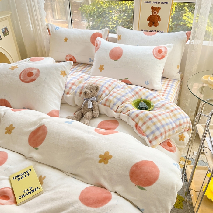 91家纺网 家纺一手货源 找家纺 桃子家居 2022新款ins小清新韩系加厚牛奶绒系列四件套 绒-蜜桃朵朵1