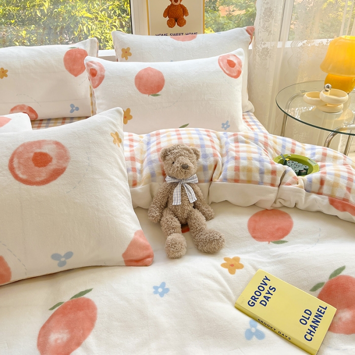 91家纺网 家纺一手货源 找家纺 桃子家居 2022新款ins小清新韩系加厚牛奶绒系列四件套 绒-蜜桃朵朵1