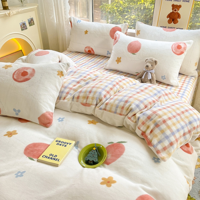 91家纺网 家纺一手货源 找家纺 桃子家居 2022新款ins小清新韩系加厚牛奶绒系列四件套 绒-蜜桃朵朵1