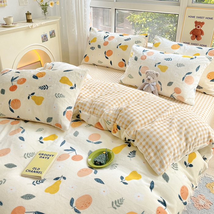 91家纺网 家纺一手货源 找家纺 桃子家居 2022新款ins小清新韩系加厚牛奶绒系列四件套 绒-硕果1