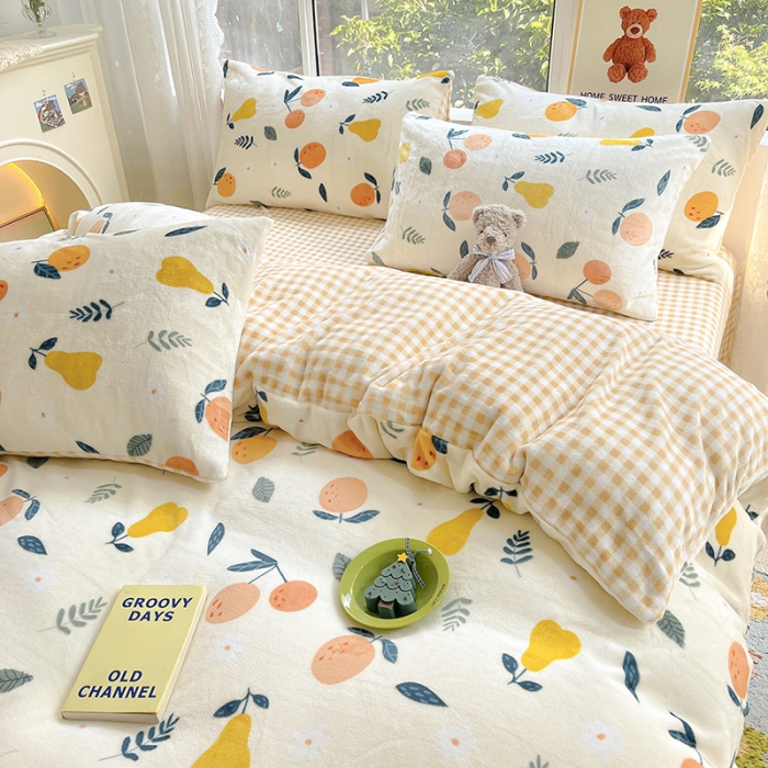 91家纺网 家纺一手货源 找家纺 桃子家居 2022新款ins小清新韩系加厚牛奶绒系列四件套 绒-硕果1