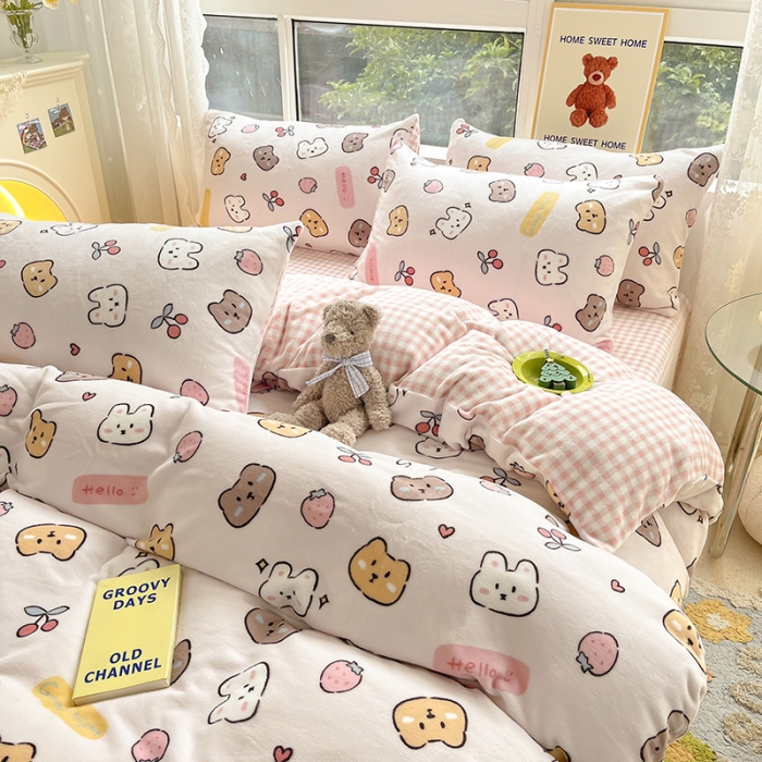 91家纺网 家纺一手货源 找家纺 桃子家居 2022新款ins小清新韩系加厚牛奶绒系列四件套 绒-晚安甜心