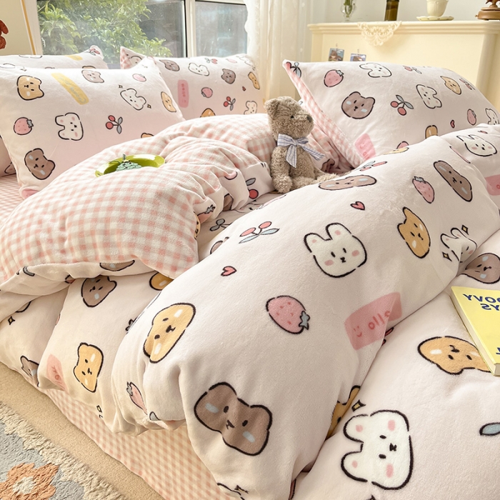 91家纺网 家纺一手货源 找家纺 桃子家居 2022新款ins小清新韩系加厚牛奶绒系列四件套 绒-晚安甜心