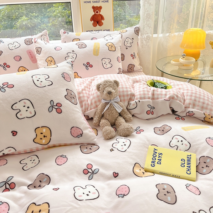 91家纺网 家纺一手货源 找家纺 桃子家居 2022新款ins小清新韩系加厚牛奶绒系列四件套 绒-晚安甜心