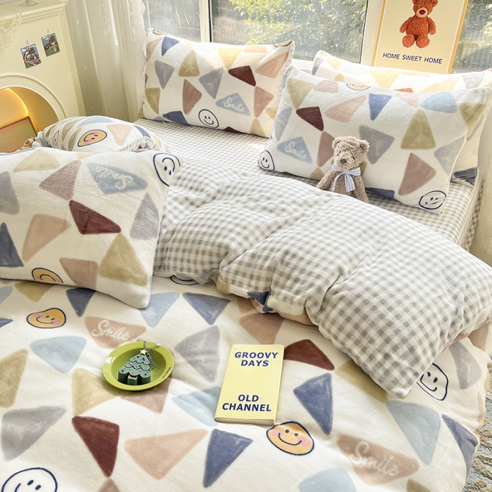 91家纺网 家纺一手货源 找家纺 桃子家居 2022新款ins小清新韩系加厚牛奶绒系列四件套 绒-微笑时光