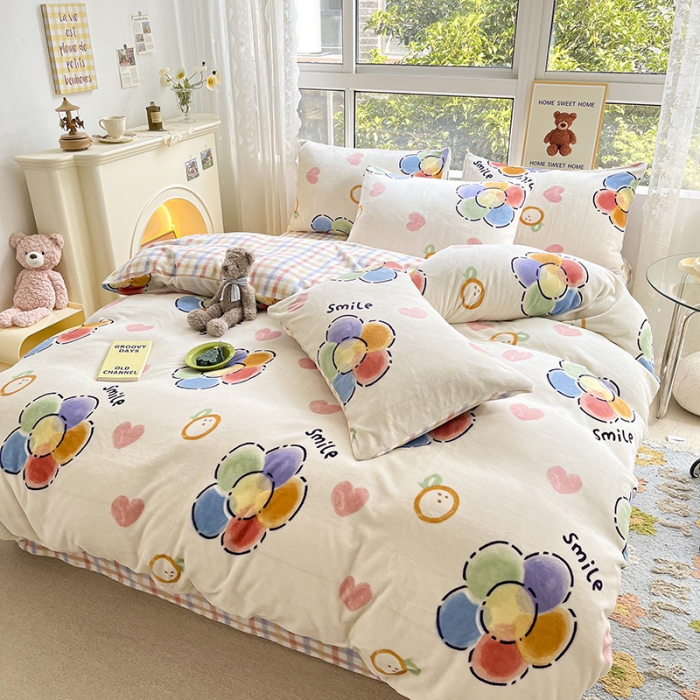 91家纺网 家纺一手货源 找家纺 桃子家居 2022新款ins小清新韩系加厚牛奶绒系列四件套 绒-五彩花