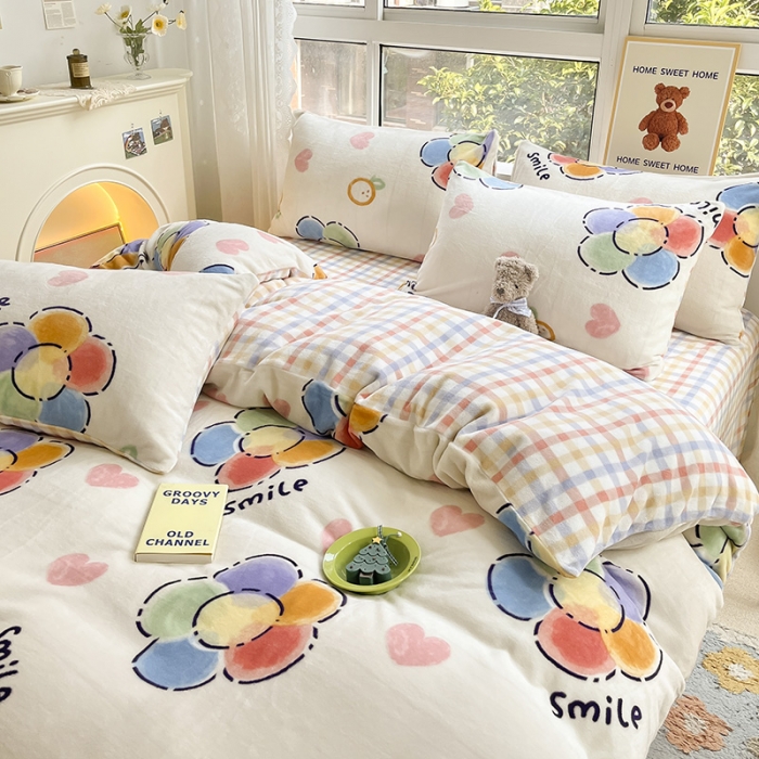 91家纺网 家纺一手货源 找家纺 桃子家居 2022新款ins小清新韩系加厚牛奶绒系列四件套 绒-五彩花