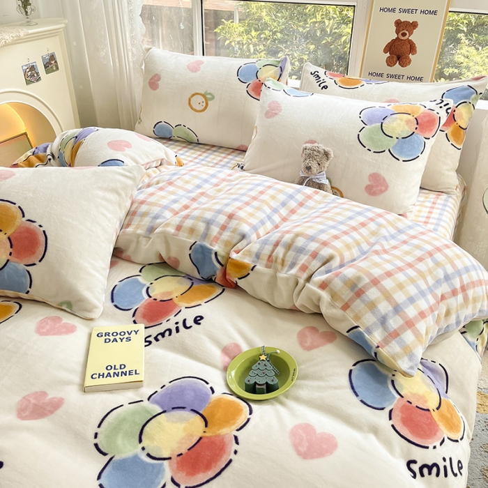 91家纺网 家纺一手货源 找家纺 桃子家居 2022新款ins小清新韩系加厚牛奶绒系列四件套 绒-五彩花
